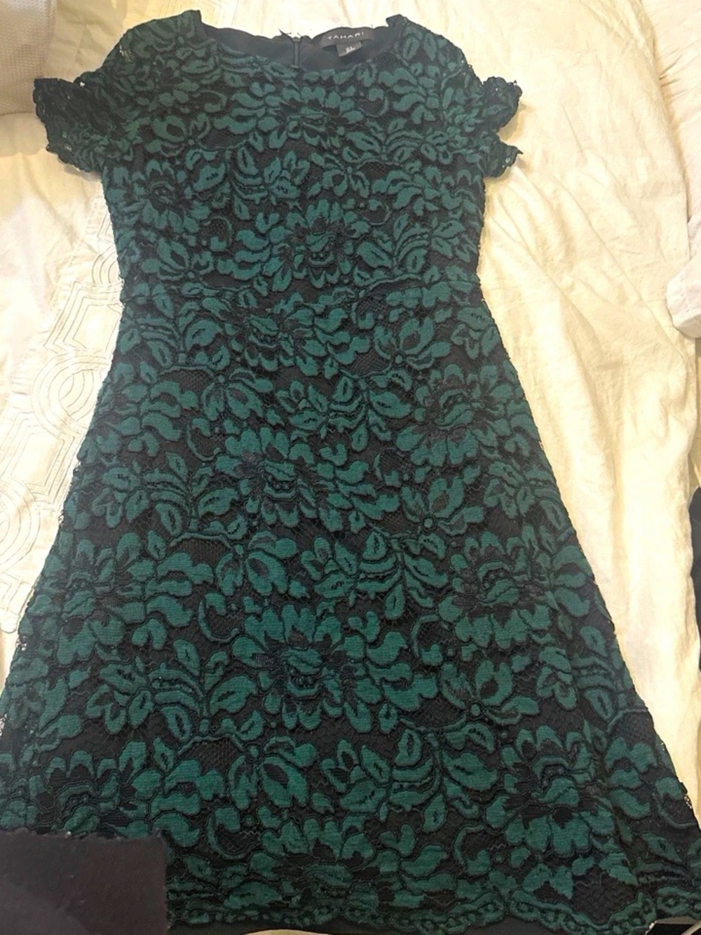 Tahari Green and Black Floral Lace Fit-and-Flare Dress